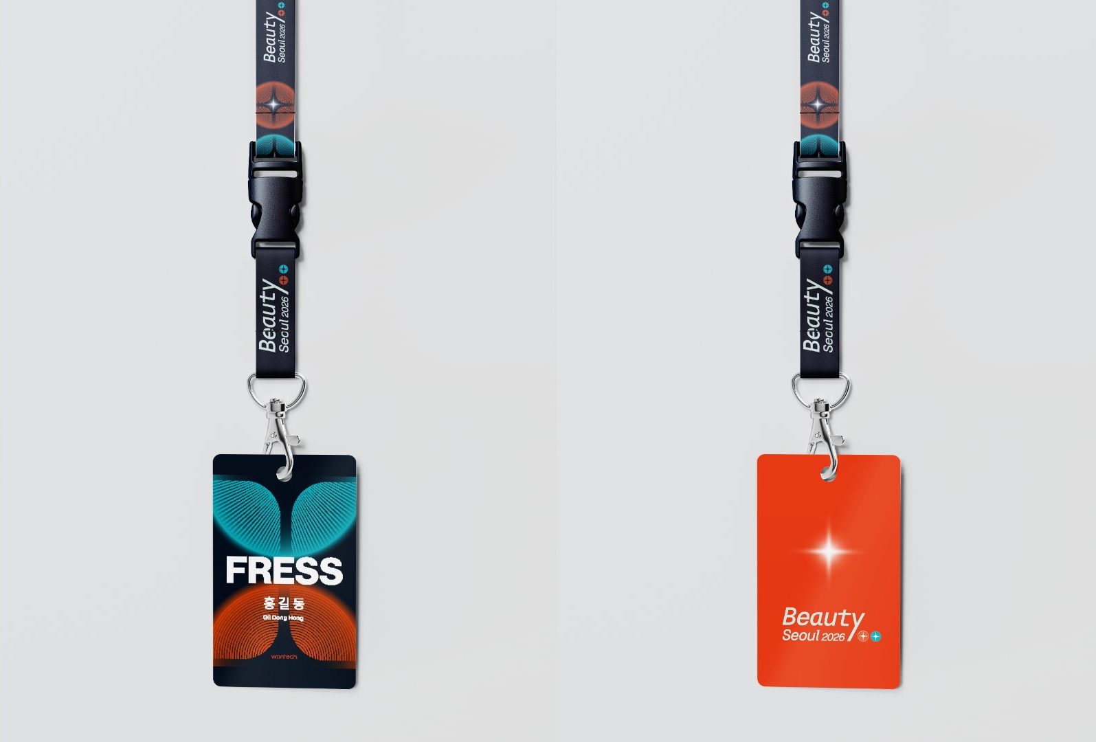 PRESS 명찰과 주황 명찰이 달린 랜야드 두 줄